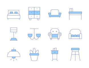 Home furniture icons. Line Duotone style, editable stroke. table, armchair, sofa, chest of drawers, stool, light, lamp, nightstand, bed, ceiling light, house plants