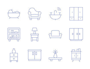 Home furniture icons. Thin Line style, editable stroke. armchair, bedside table, cabinet, bath, bookshelf, wardrobe, sink, sofa, table