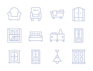 Home furniture icons. Thin Line style, editable stroke. armchair, bed, cabinet, book shelf, wardrobe, bathtub, ceiling light