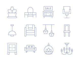 Home furniture icons. Thin Line style, editable stroke. dresser, home decor, living room, fern, lamp, night stand, furniture, plant, chair, chandelier