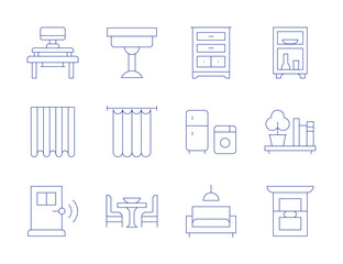 Home furniture icons. Thin Line style, editable stroke. coffee table, curtain, dining room, countertop, curtains, door, shelving, shelf, window, drawers, home appliance, living room
