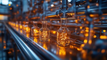 A collection of glass flasks illuminated by warm light within a high-tech, sustainable laboratory environment.