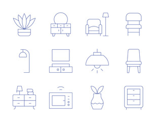 Home furniture icons. Thin Line style, editable stroke. dresser, home entertainment system, microwave, fern, lamp, night stand, chair, chest of drawers, furniture, light, plant