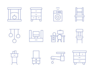 Home furniture icons. Thin Line style, editable stroke. dresser, home theater, mirror, fireplace, lamp, nightstand, chair, chest of drawers, washing machine, water tap, workspace