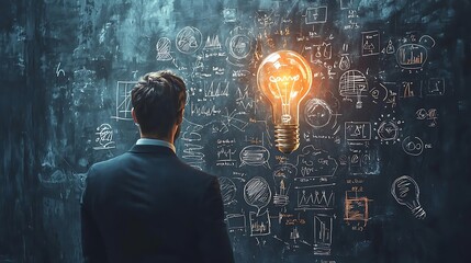 A businessman studies a lightbulb idea sketched on a chalkboard, reflecting on potential innovations.