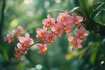 A cluster of orchids hanging from a tree branch in a tropical forest, with their vibrant colors standing out