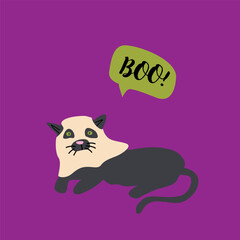 Halloween pet in ghost costume. Cute sticker for greeting card.