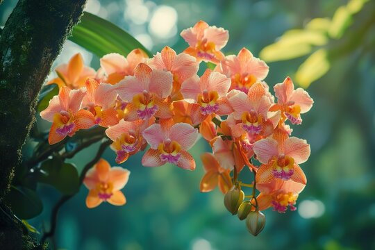 A cluster of orchids hanging from a tree branch in a tropical forest, with their vibrant colors standing out