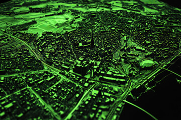 Fototapeta premium Technical aerial visual, 3D LiDAR GIS aerial map satellite scan model isolated, showing Bochum, Germany. Elevation, topography, render