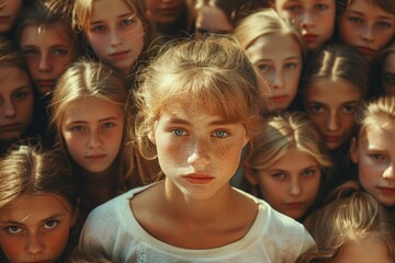 Fototapeta premium Close-up portrait of a young woman with freckles standing out in a crowd.