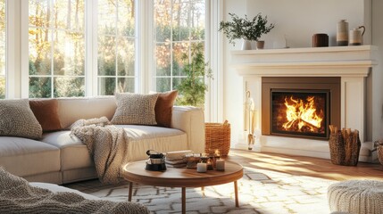Obraz premium A cozy living room with a fireplace, comfortable sofa, and a coffee table, bathed in warm natural light