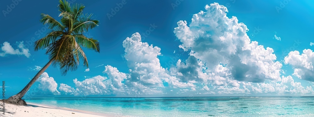 Wall mural palm tree ocean. summer getaway in paradise: beach with palm trees and turquoise ocean
