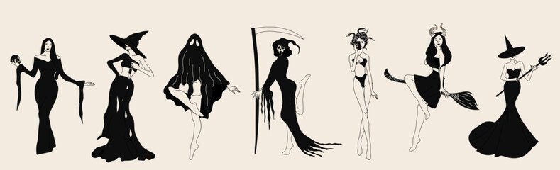 Set of Halloween costume concepts. Witch. Cute ladies in retro style