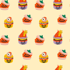 Seamless pattern with cute halloween scary maracon cartoon characters. Sweet cookies food