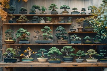 A collection of bonsai trees displayed on a wooden shelf, each with its own distinct shape and character