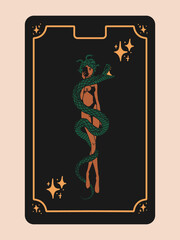 Tarot card with woman with a snake wrapped around her body