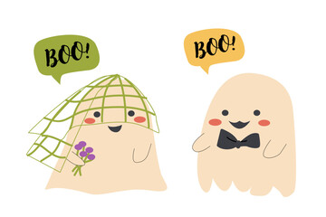 Cute halloweens ghosts set. Collection of cute spooky characters. Halloween day stickers. Childrens ghosts with funny faces in costumes