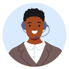 Happy Customer Service Representative Male Character Wearing A Headset And Suit. Cartoon Vector Illustration