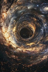 Close-up view of a glowing black hole surrounded by swirling galaxies.
