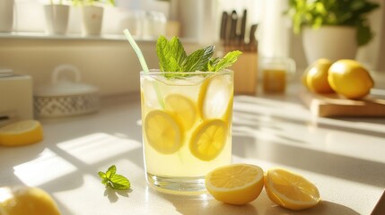 Fototapeta premium A glass of fresh lemonade with mint leaves and a straw on a sunny kitchen counter