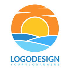 Logo travel company orange sunset over sea blue wave buisness nature vector symbole flat style round