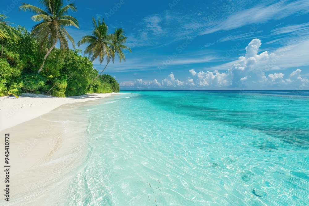 Wall mural luxurious tropical landscape. white sand with palm trees and azure sea. a heavenly place to relax. b