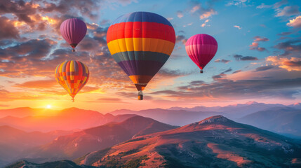 Fototapeta premium Colorful hot air balloons flying over mountain