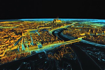 Technical aerial visual, 3D LiDAR GIS aerial map satellite scan model isolated, showing Bonn, Germany. Elevation, topography, render