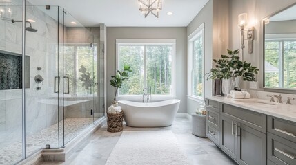 A luxurious master bathroom with a spa-like shower, soaking tub, and elegant decor