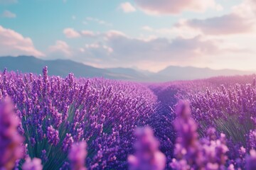 Obraz premium A field of lavender in full bloom, with a soft purple hue stretching to the horizon