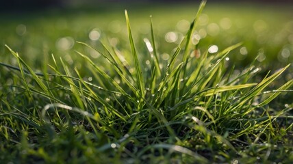 Green grass close-up, blurred garden background 