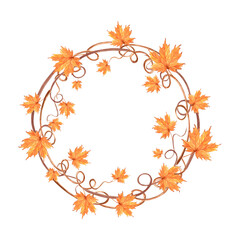 Autumn maple leaves and twigs wreath. Fall frame round for Harvest fest. Hand drawn watercolor illustration isolated. Natural background. Template with copy space for Thanksgiving, card, embroidery.