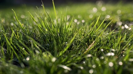 Green grass close-up, blurred garden background