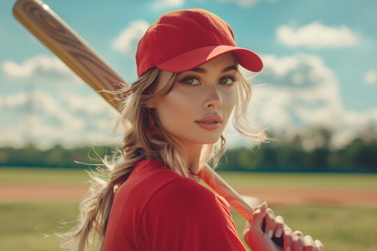A young woman in a red baseball outfit, holding a bat, ready for the game. - Powered by Adobe