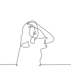 woman put hand on head with mouth open - one line art vector. concept despair, crisis, facepalm, cringe, migraine