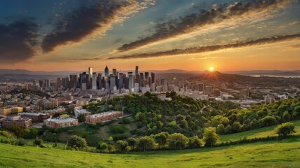 Green hill panorama of city at sunset