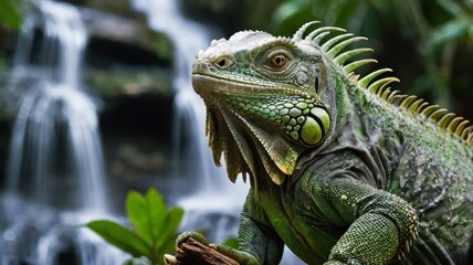 Green iguana on branch with waterfall background