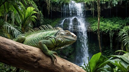  Green iguana on branch, jungle waterfall backdrop