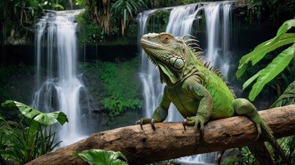Green iguana on branch, jungle waterfall backdrop