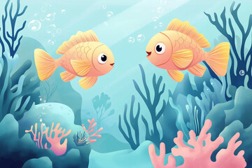 Fototapeta premium Two friendly fish interacting in a colorful underwater scene