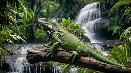 Green iguana on branch, scenic jungle waterfall