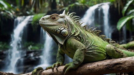 Green iguana on branch, jungle waterfall backdrop