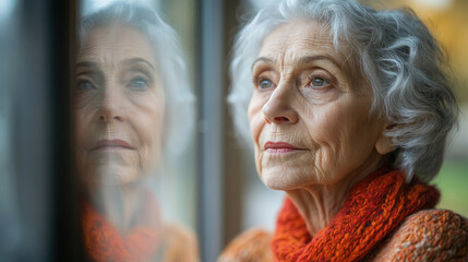 Thoughtful senior woman wearing glasses and winter clothes looking through a window