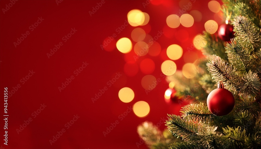 Poster christmas tree with ornament and bokeh lights in red background