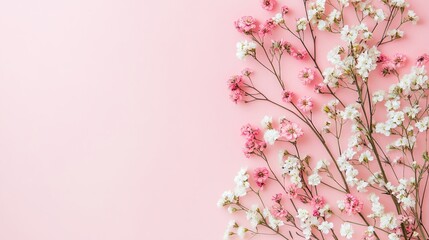 Fototapeta premium Banner with flowers on light pink background. Greeting card template for Wedding, mothers or womans day. Springtime composition with copy space. Flat lay style