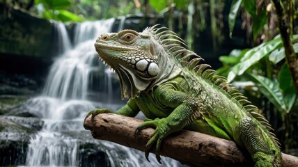 Obraz premium Green iguana on branch, scenic jungle waterfall 