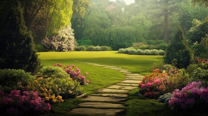 Fototapeta premium A peaceful park scene with a stone path leading to a quiet garden area, surrounded by flowers