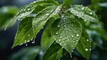 Green leaves with water drops and a blurred background 
