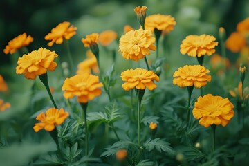Fototapeta premium A garden of blooming marigolds, with bright orange and yellow flowers standing out against green leaves