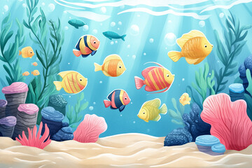 Colorful tropical fish swimming in a vibrant underwater scene